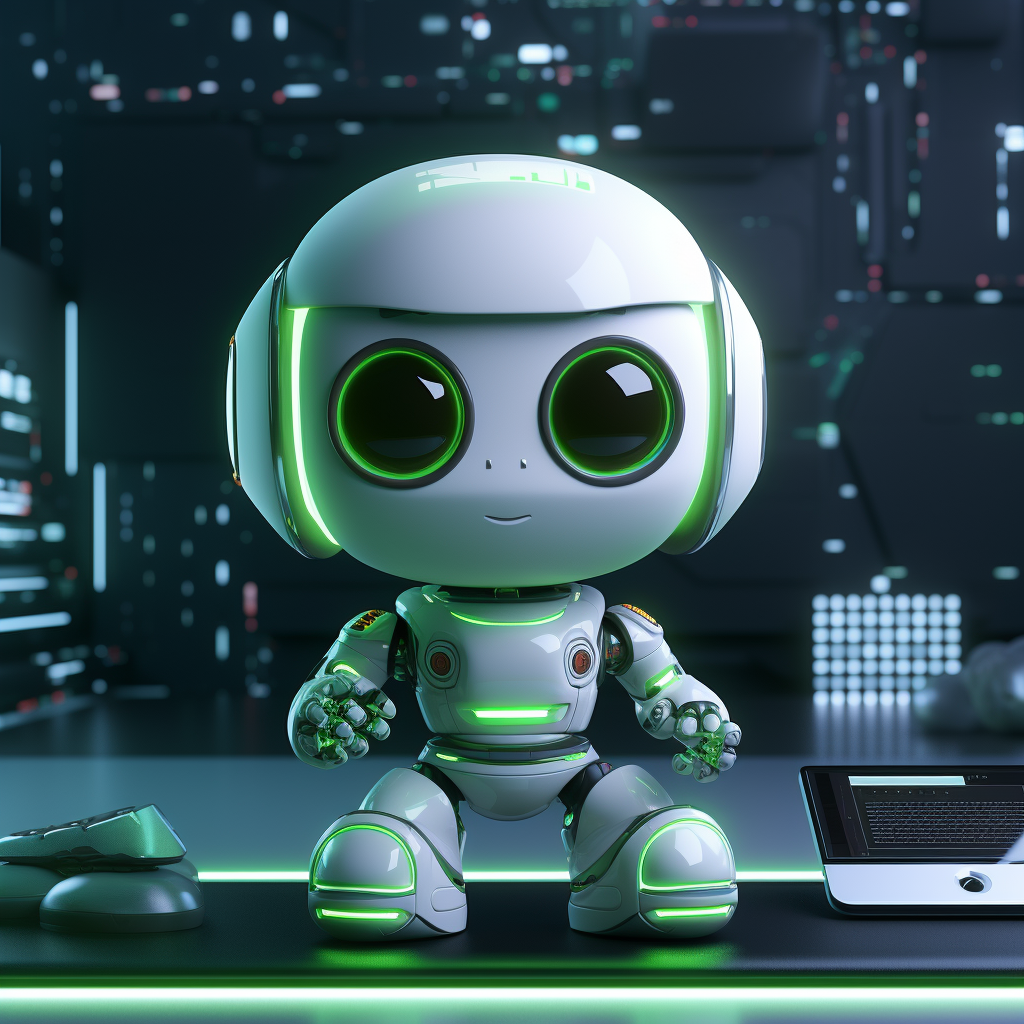 Cute green robot on 3D animation computer