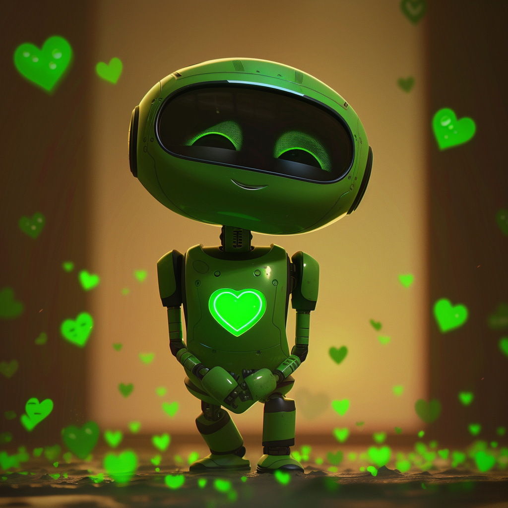 Green robot in love with hearts