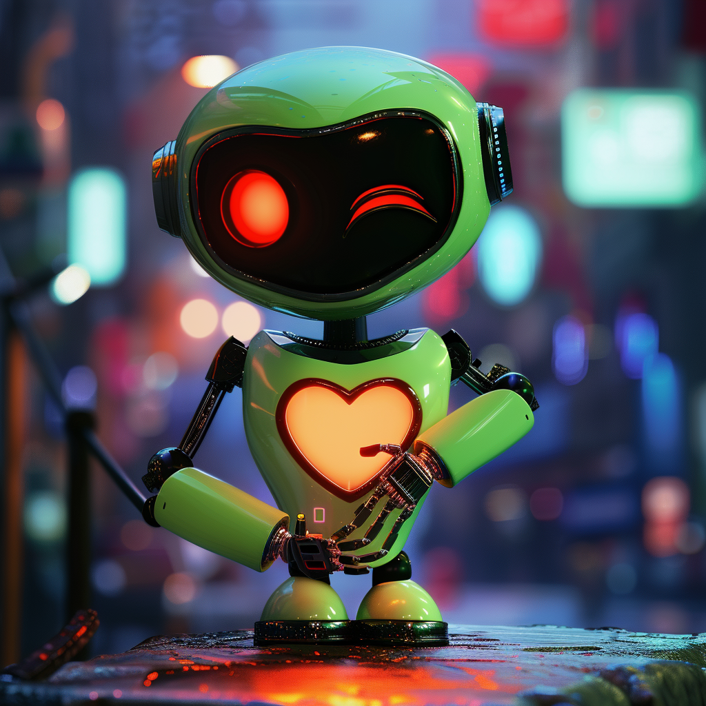 Green robot in love Pixar style