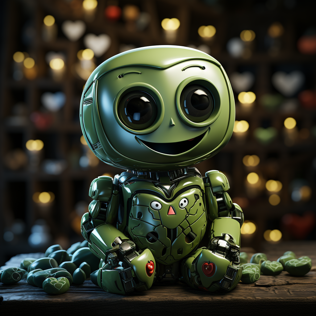 Green robot in love with hearts