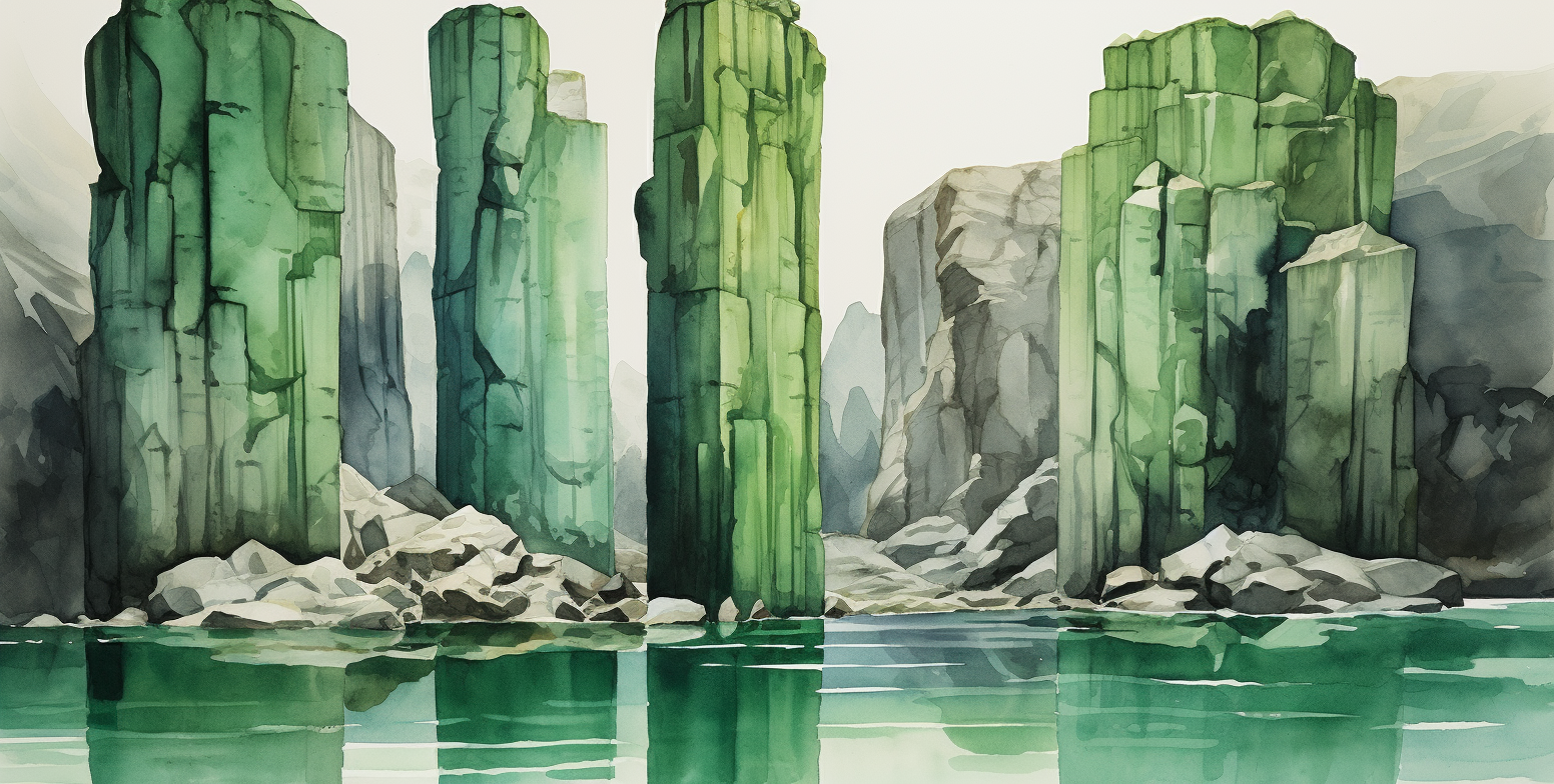 Green Rock Pillars Watercolor Scene