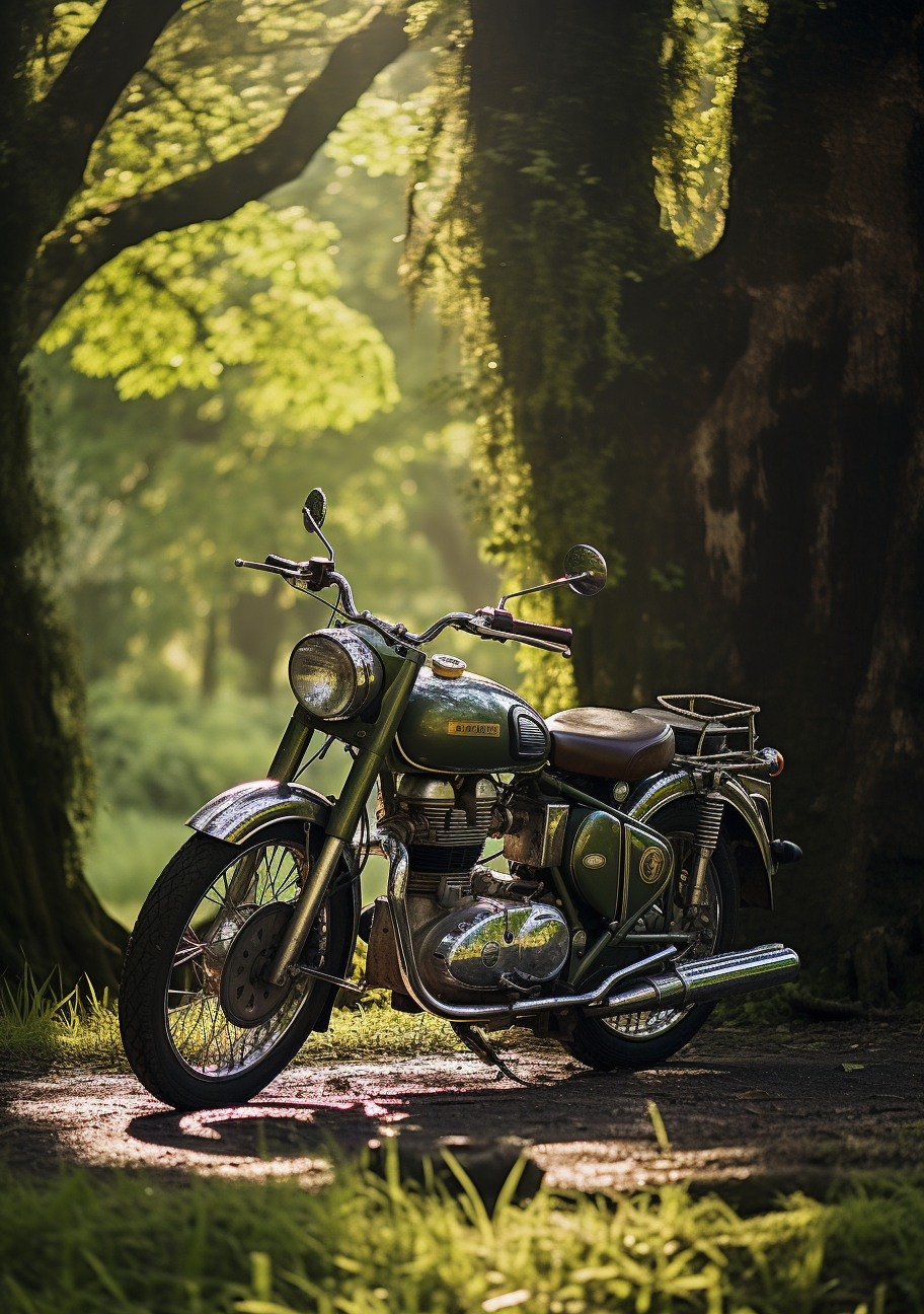 Green Royal Enfield Bullet in English Countryside