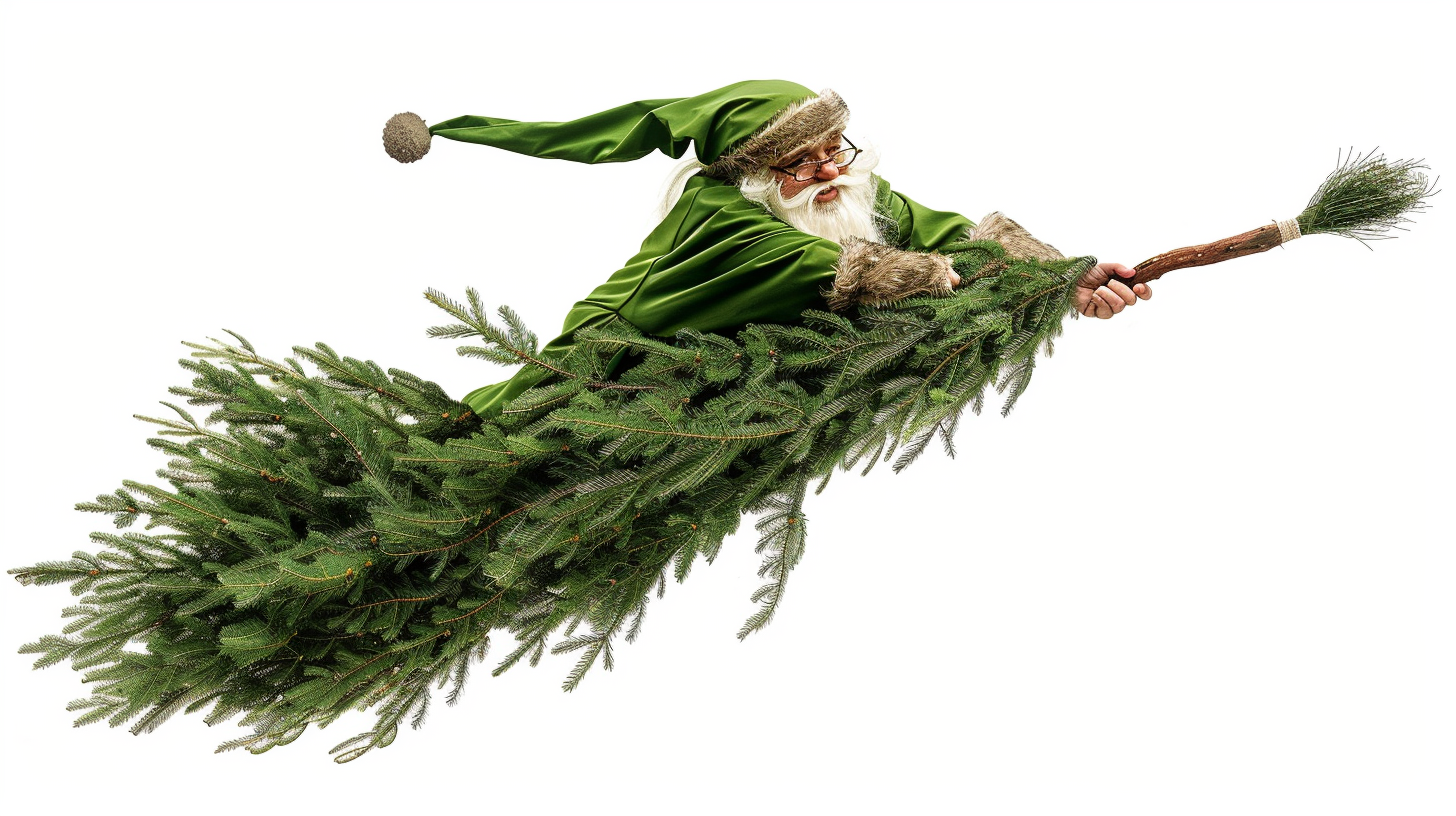 Santa flying on green Christmas tree