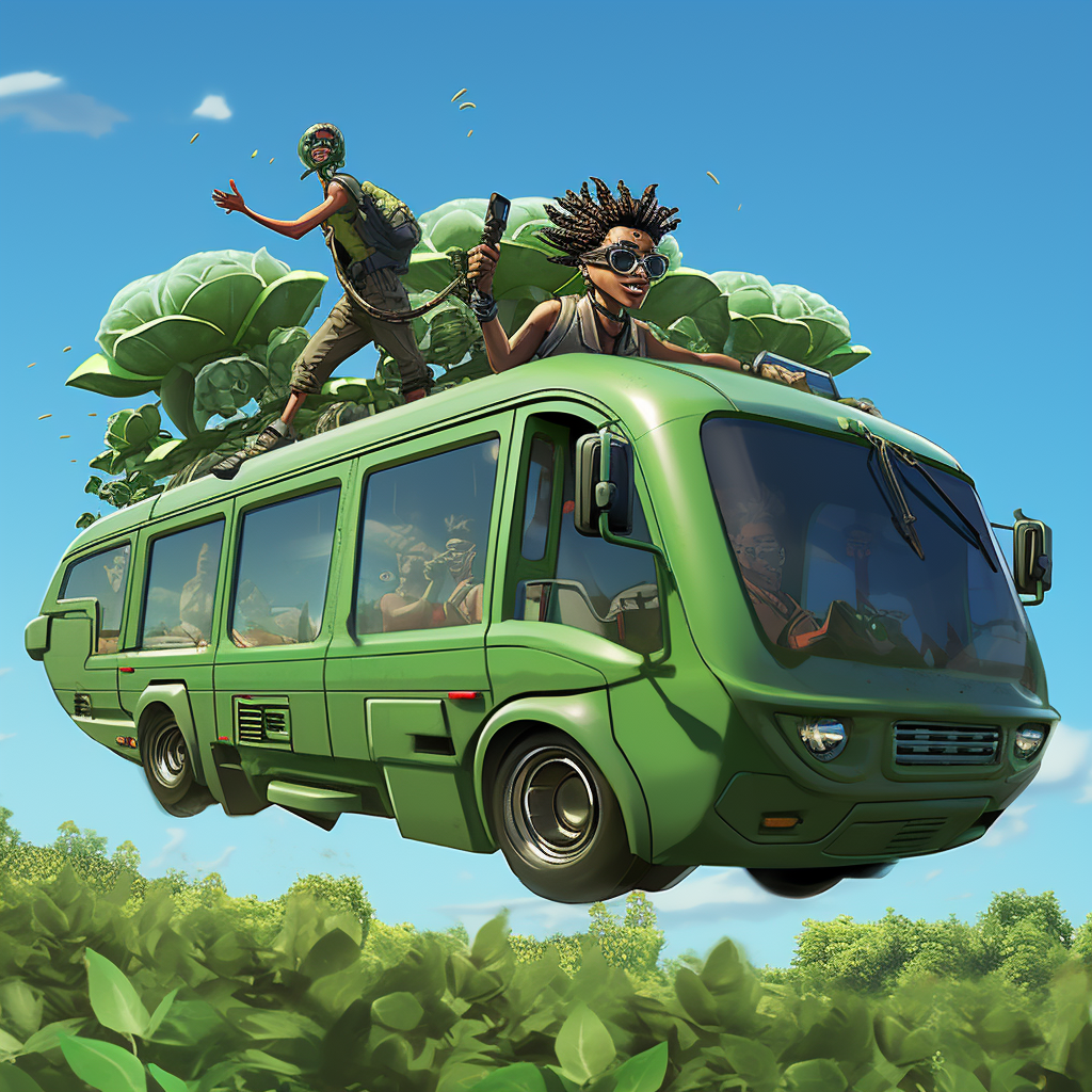 Green school bus flying over lush vegetation