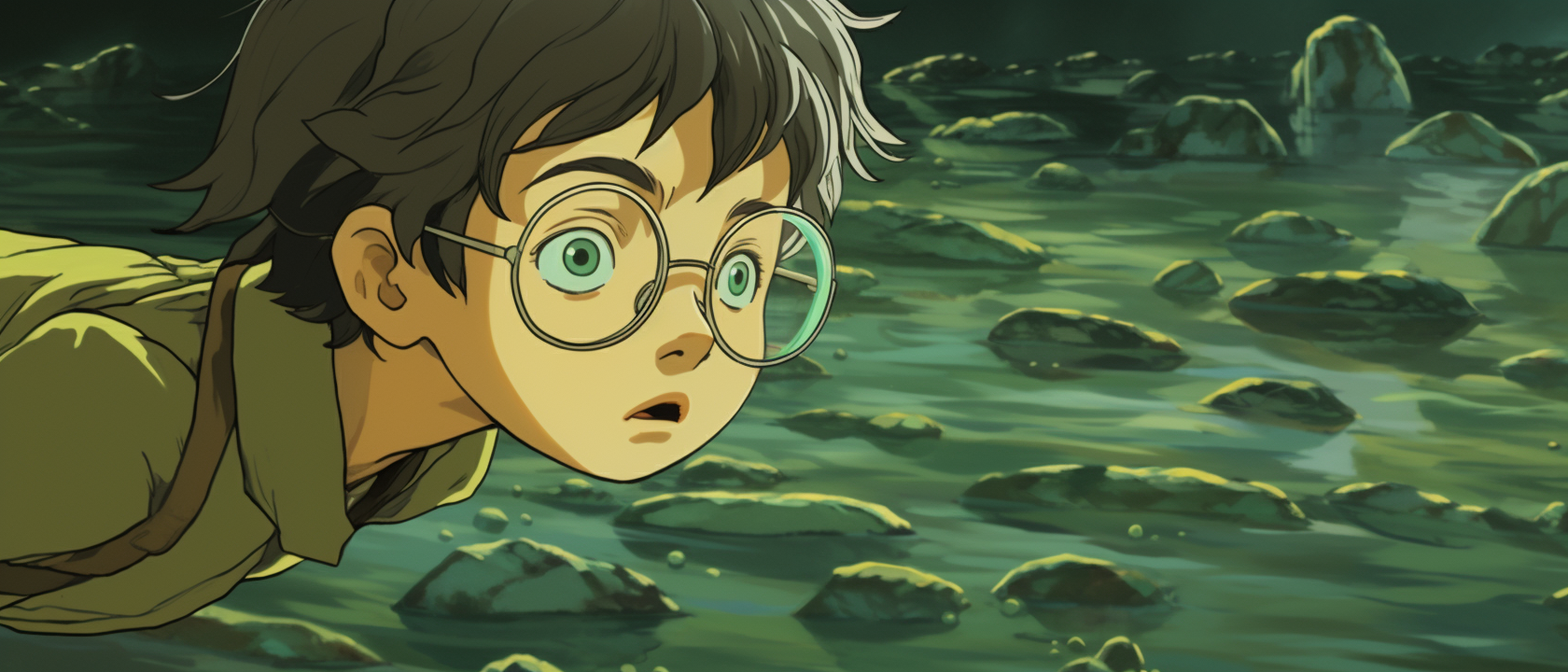 Kid with glasses finds a green sea slug