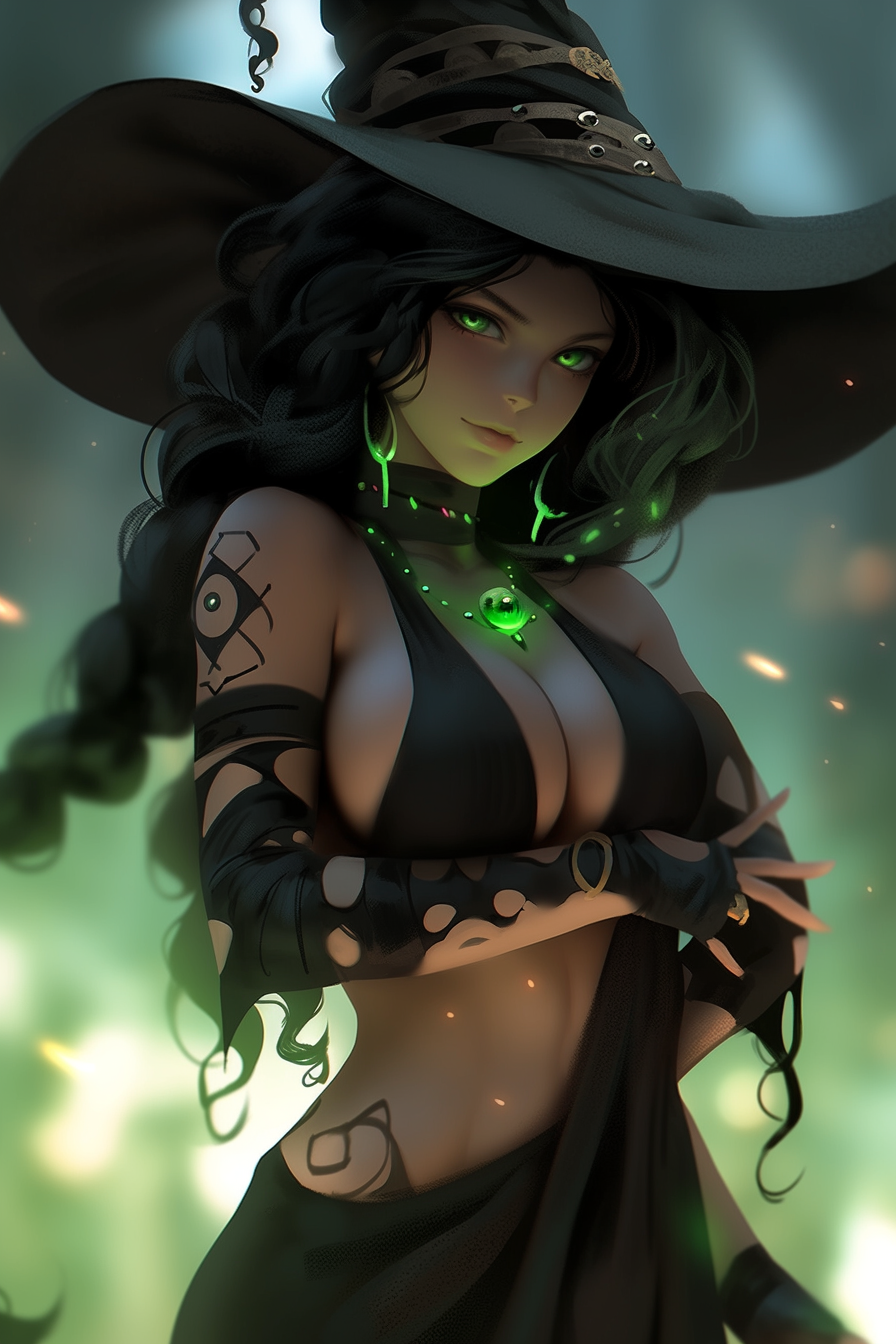 Beautiful witch with green skin and curves