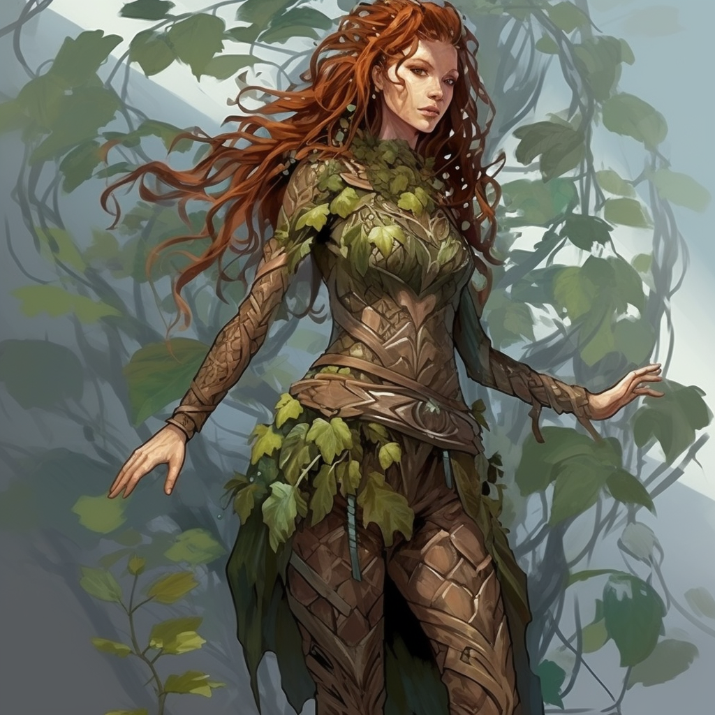 Beautiful forest queen surrounded by plants and flowers