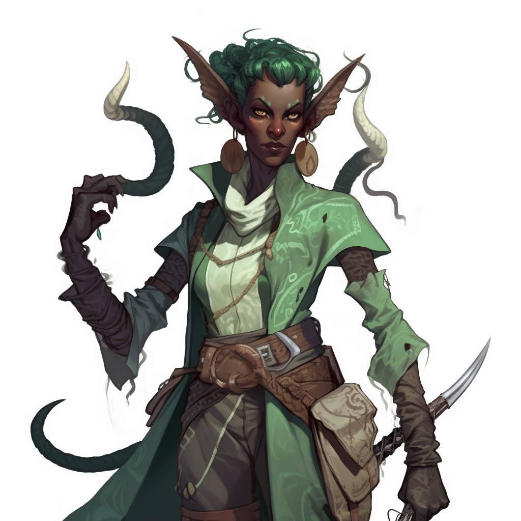 Green Skinned Tiefling DND Character on White Background