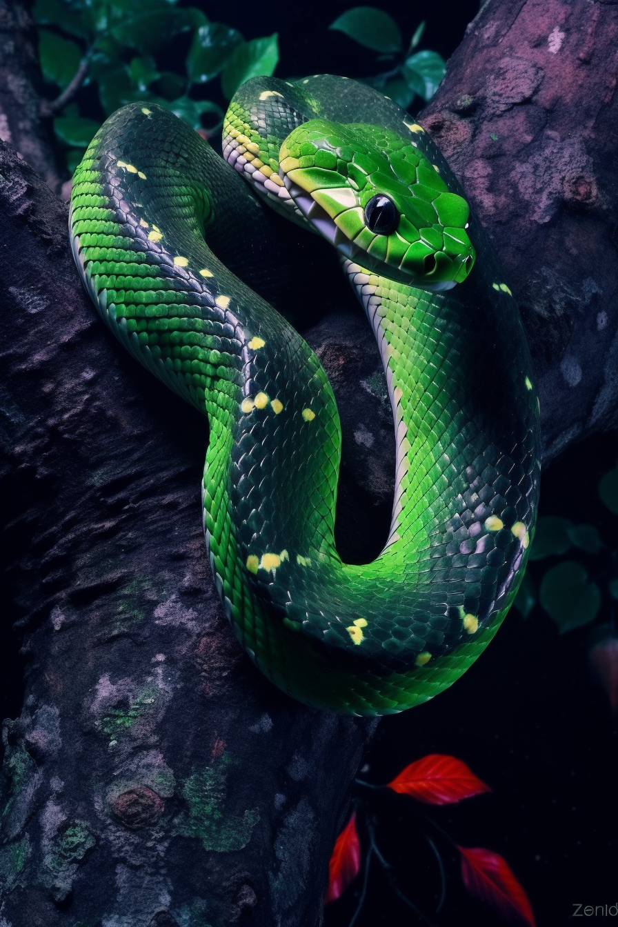 Close-up of Poisonous Green Snake in Enchanted Forest