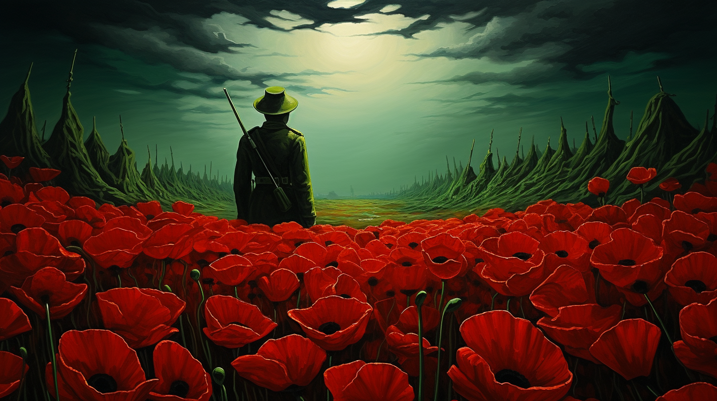 Soldiers hat amidst poppy field