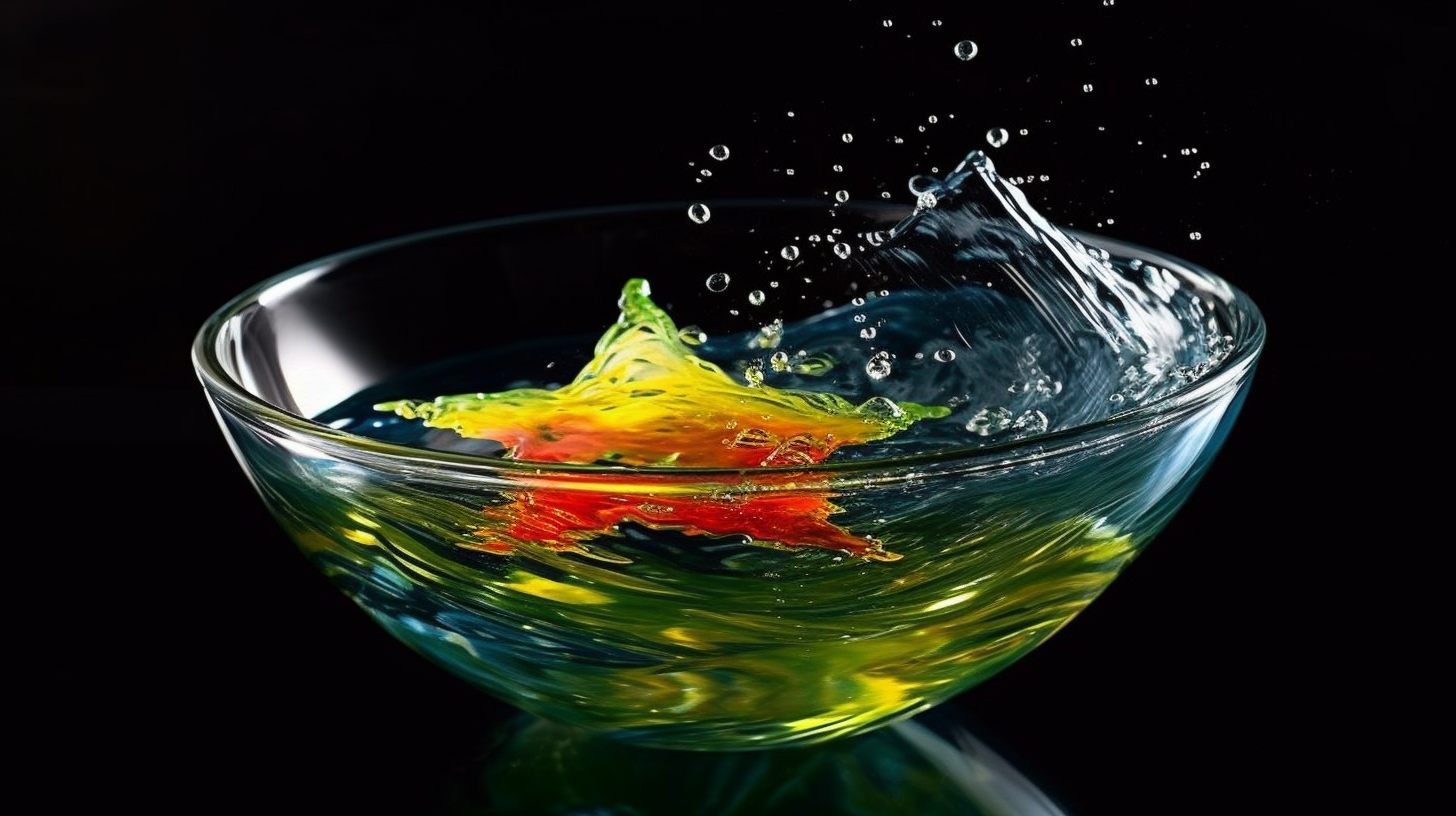 Green star food falling into transparent glass bowl with colorful water