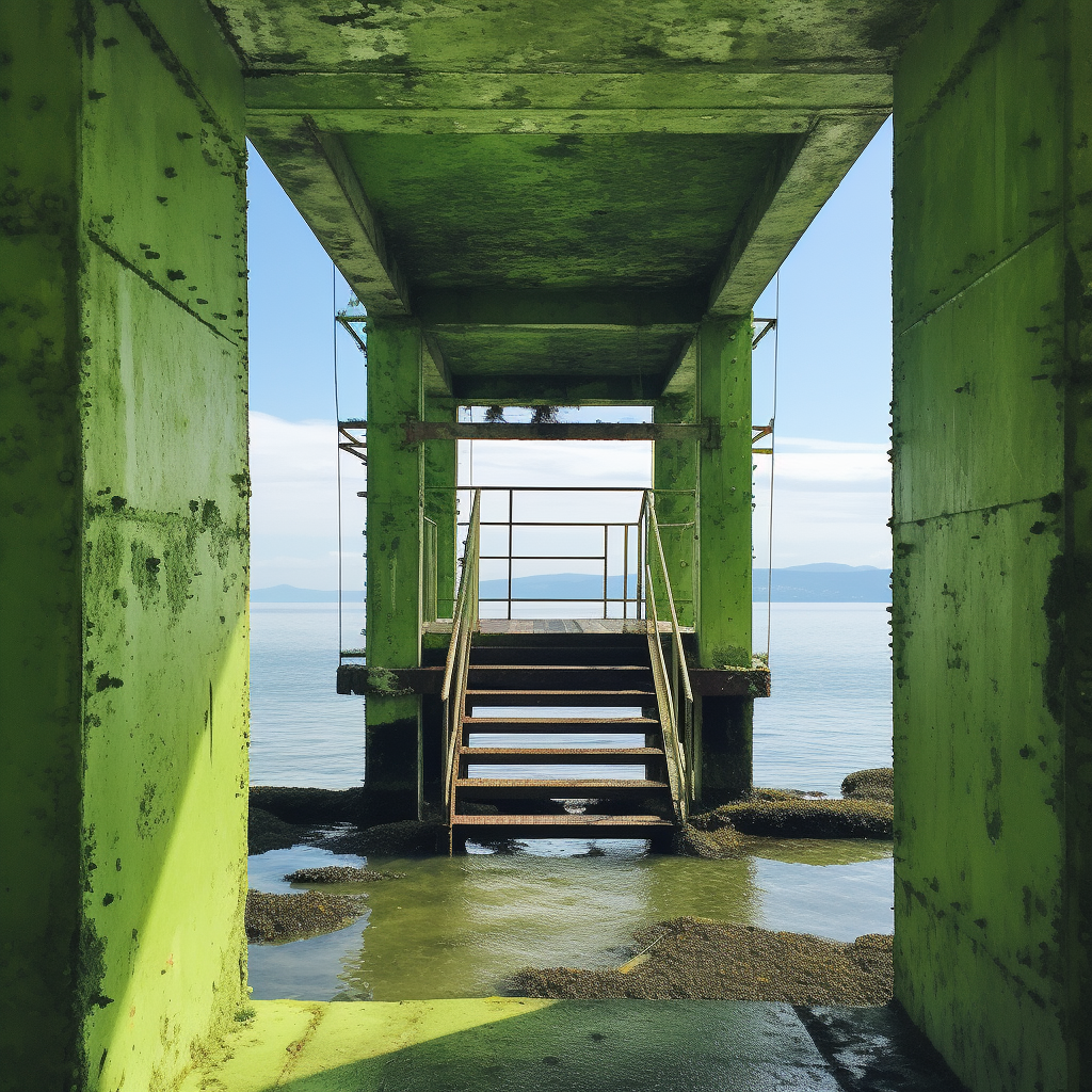 Green steel concrete tower on nature platform