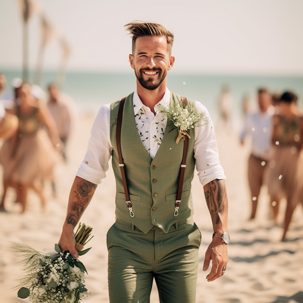 Green suit wedding on the beach