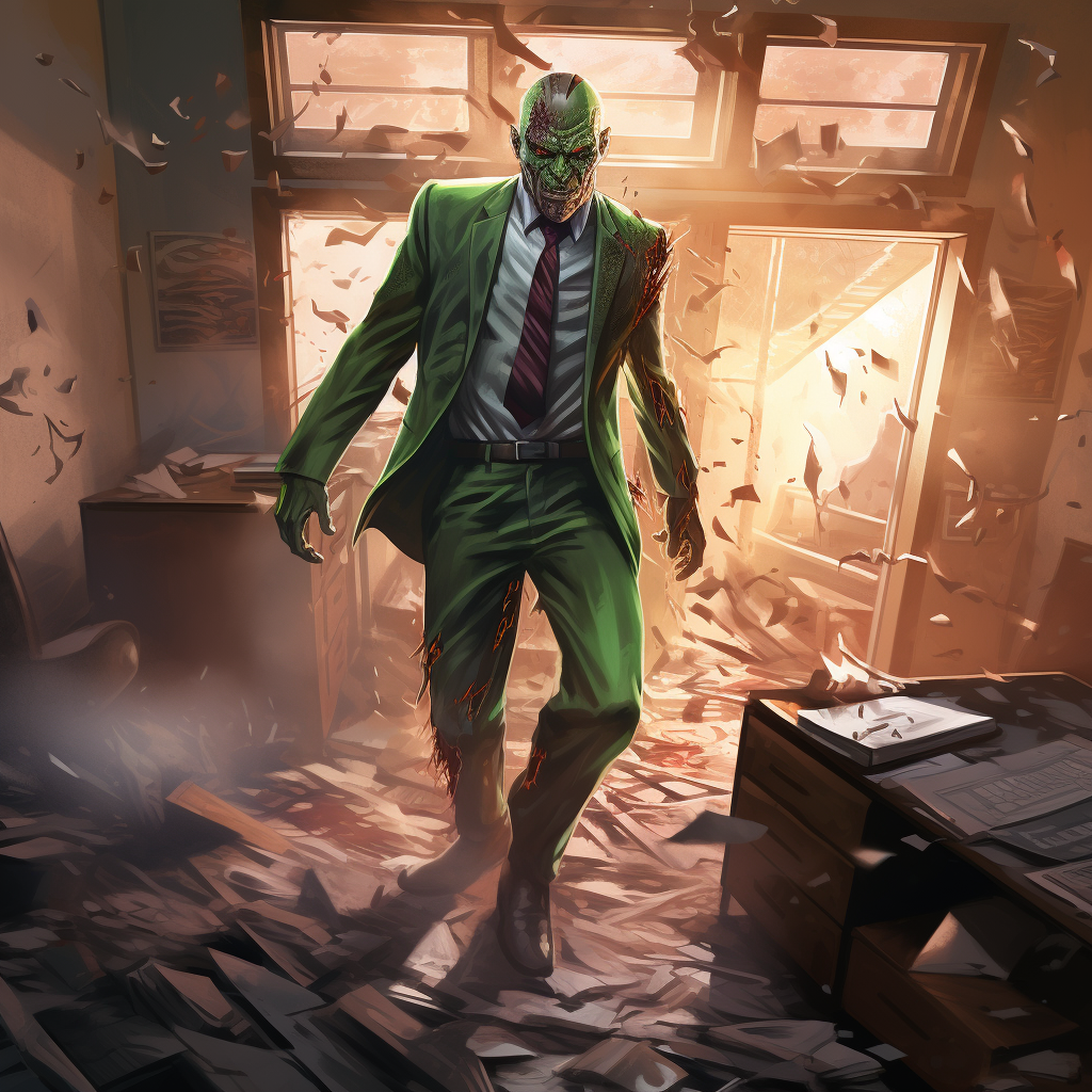 Gray-skinned demon walking through destroyed office