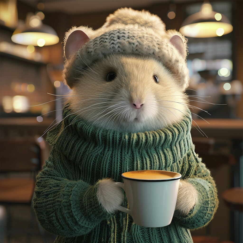 Hamster in green sweater with coffee in cafe