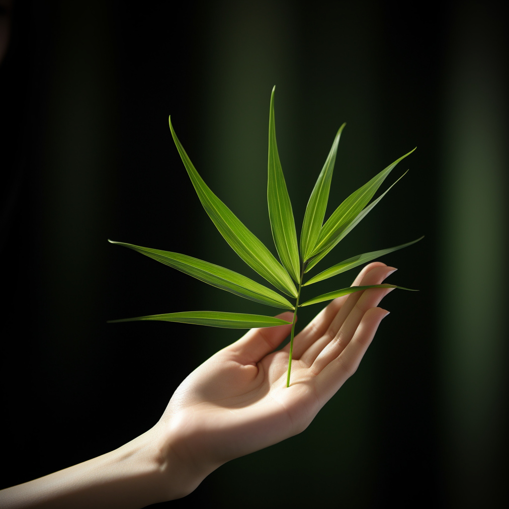 Girl's Hand Holding Fresh Green Tea Leaves