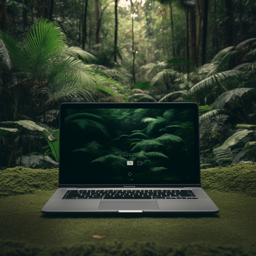 Laptop displaying customer reviews in jungle setting