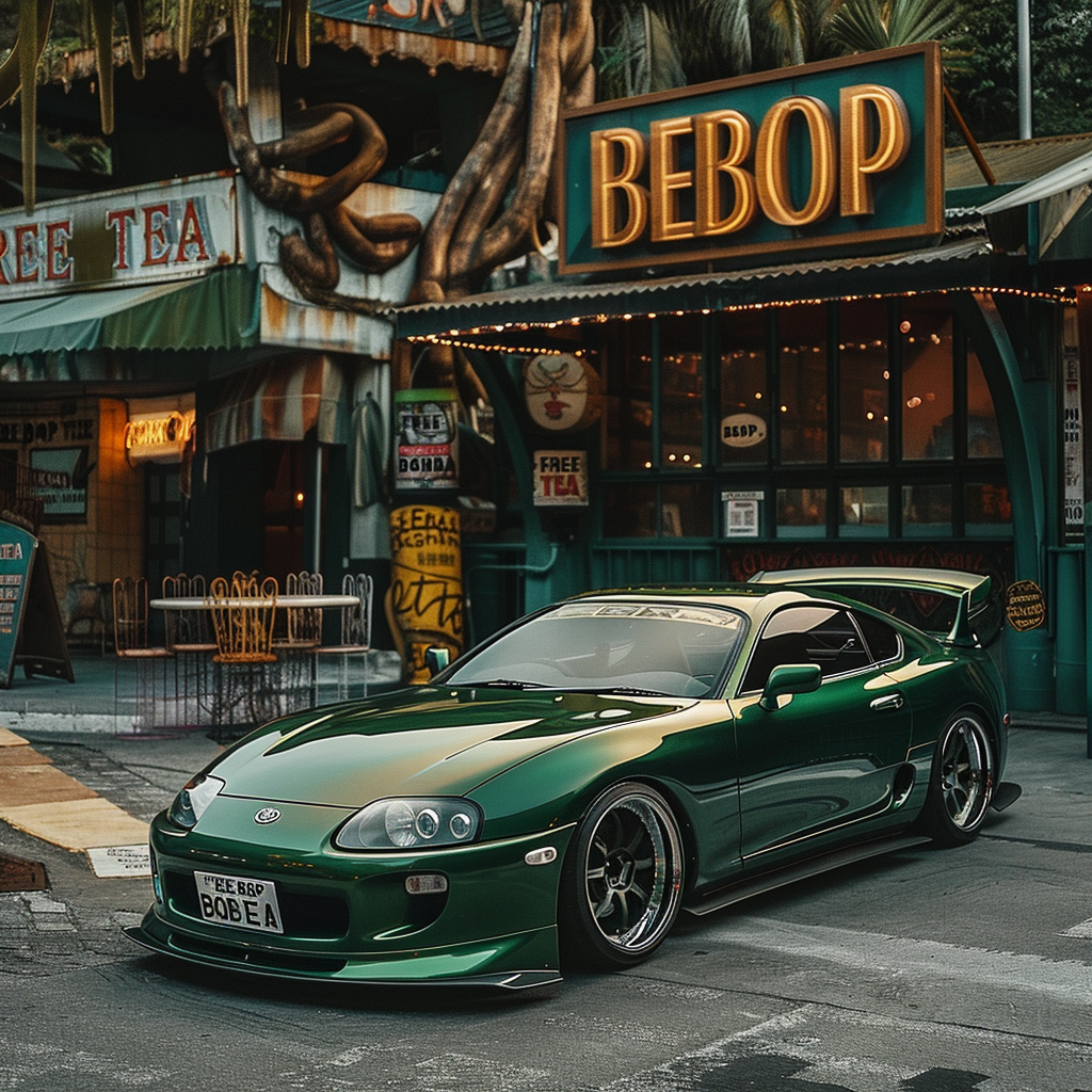 Green Toyota Supra Restaurant Parked