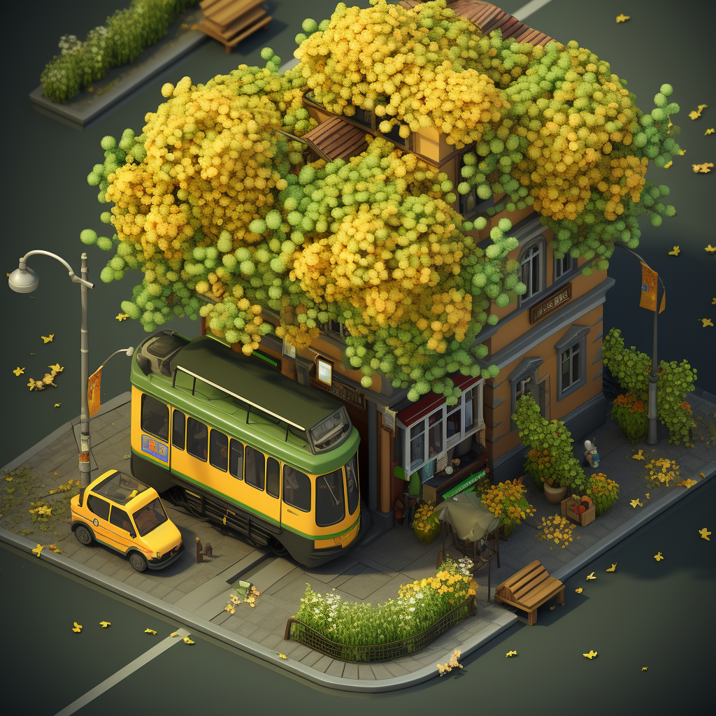 Dark green tram with yellow flowers