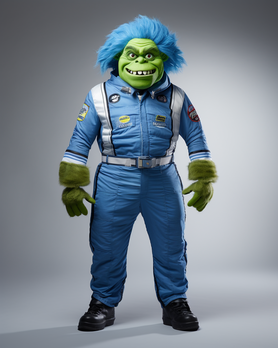 Photorealistic green troll race car driver portrait