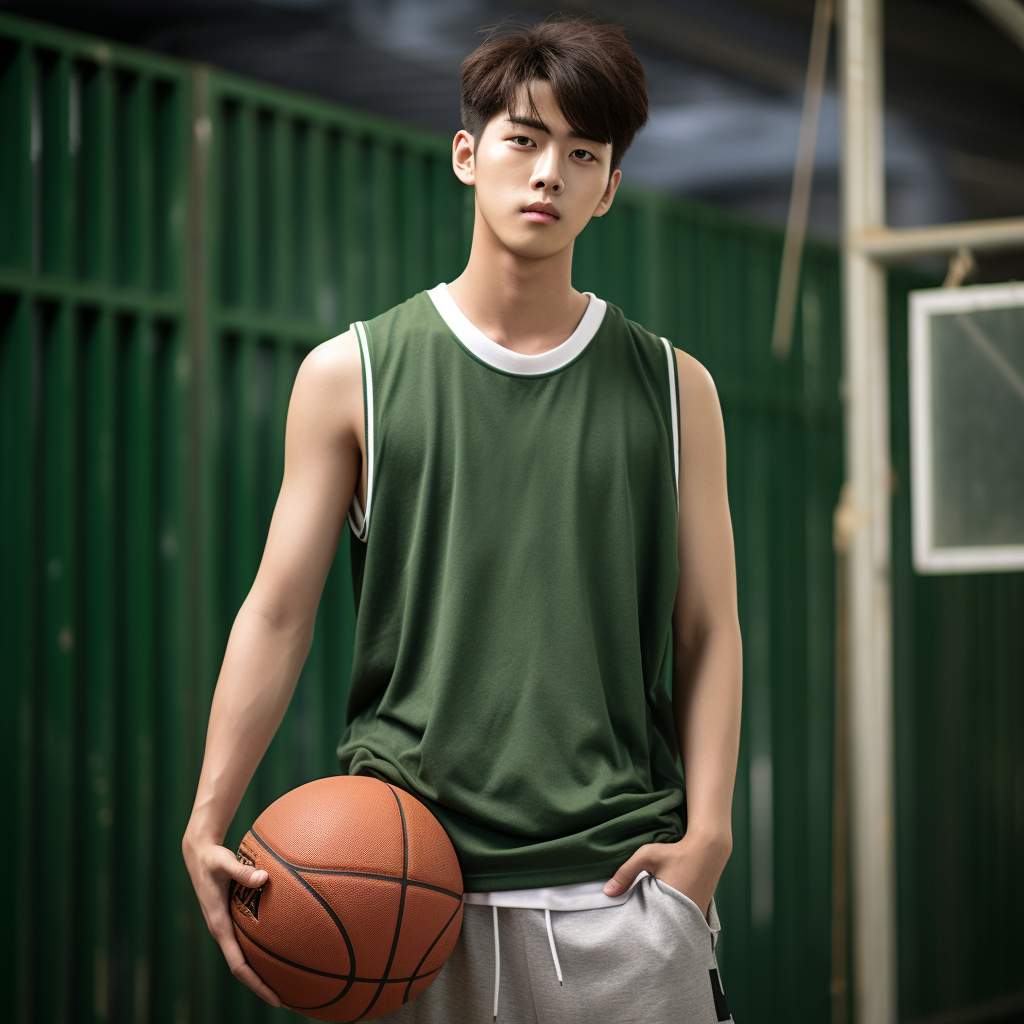 Korean Male in Green T-Shirt on Basketball Court