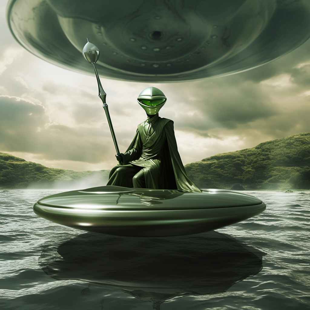 Elegant green UFO with black trench boat and silver staff