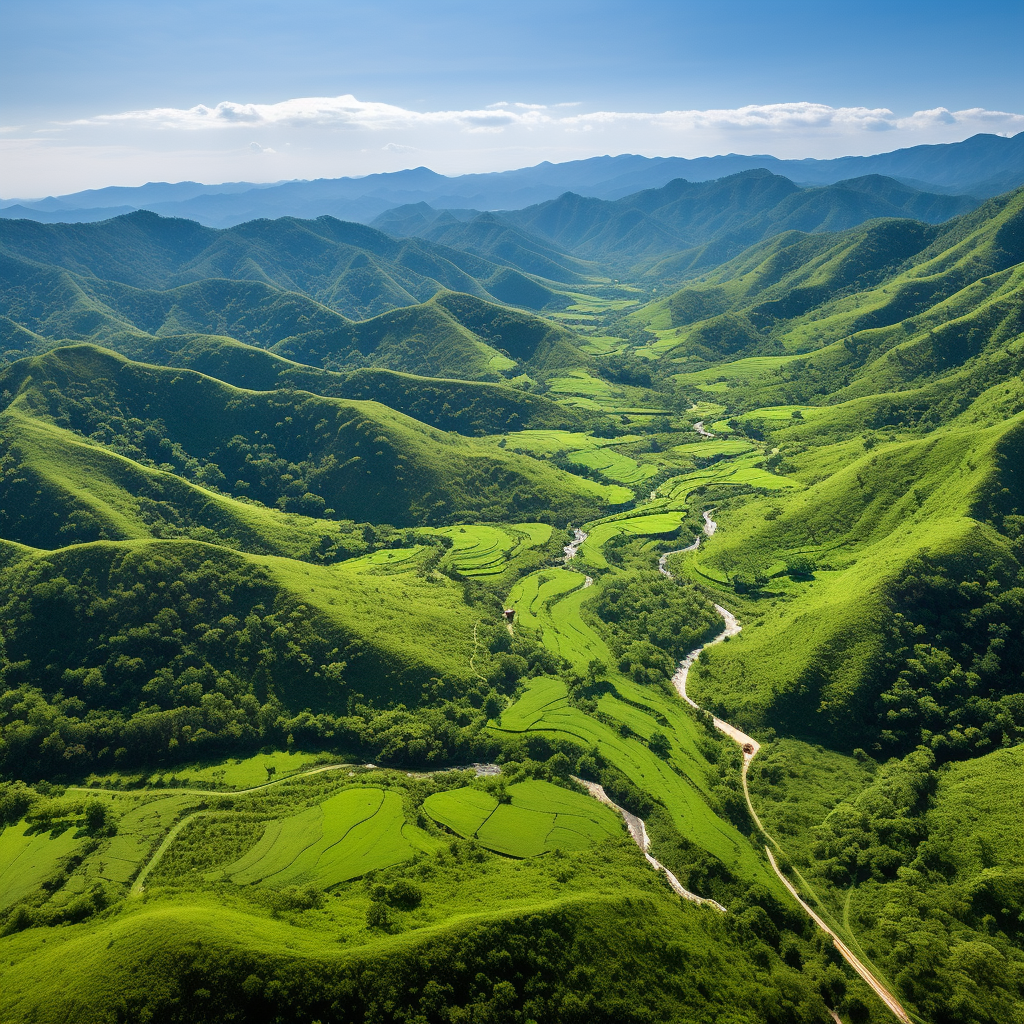 Aerial view of lush green valley