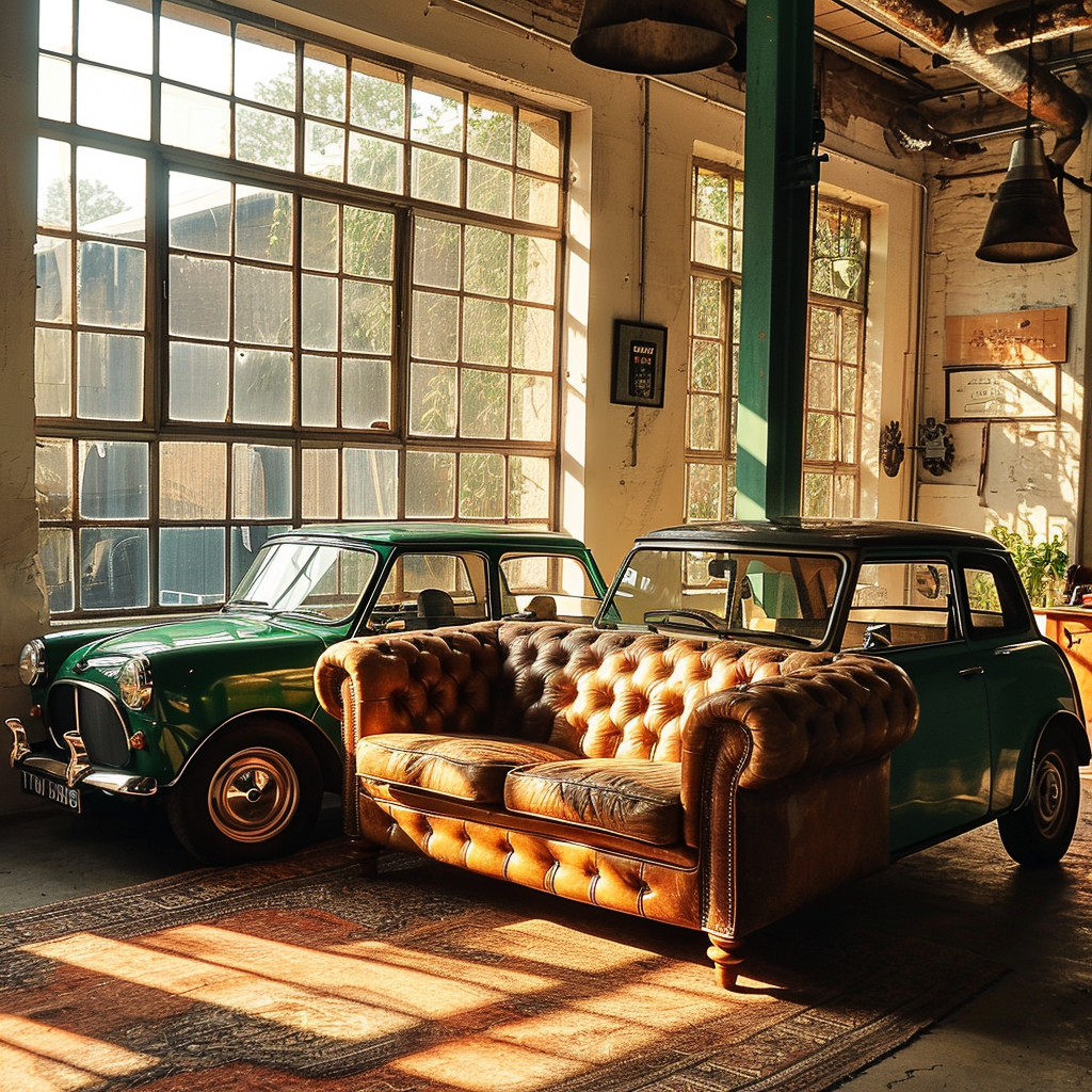 Stylish green vintage car in sunlit loft living room