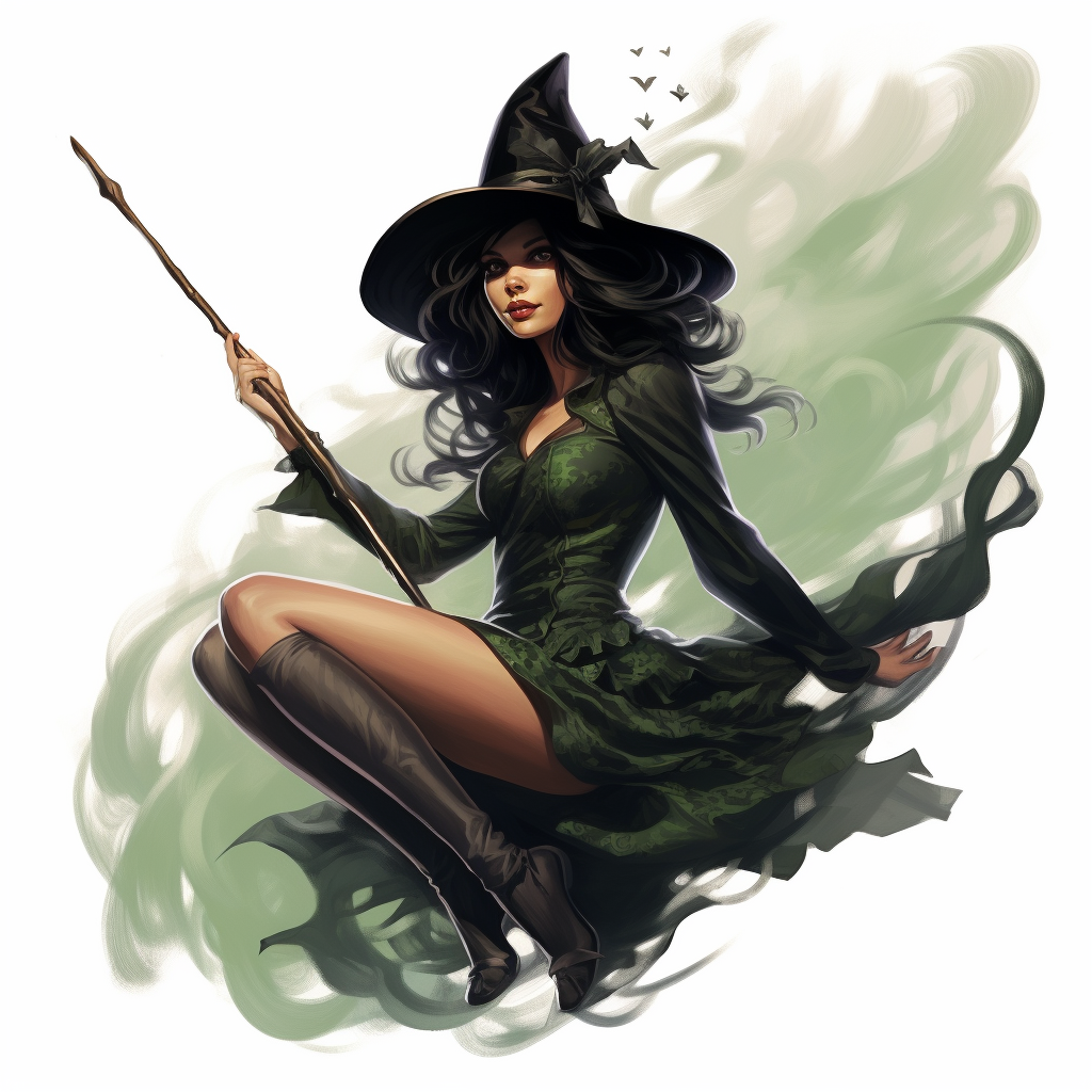 Woman with Green Skin Flying on Broom