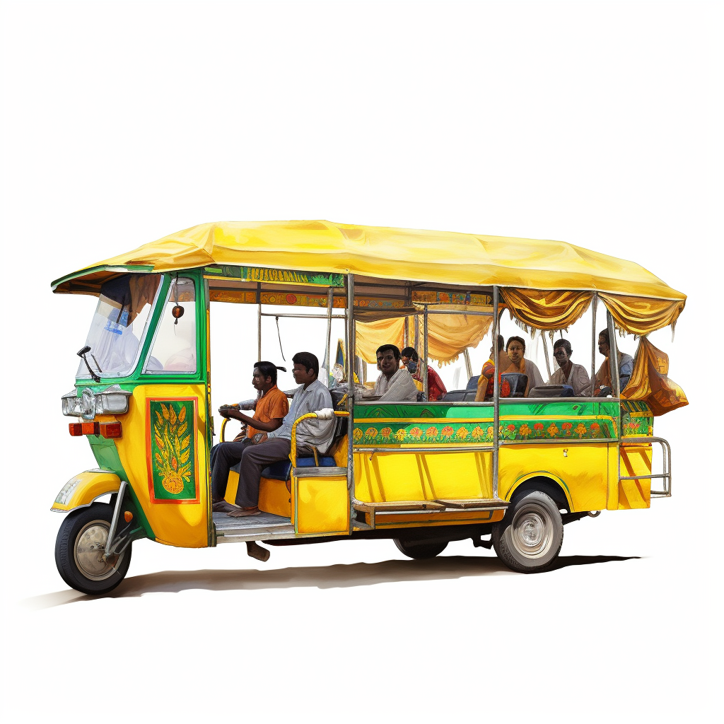 Green and Yellow E-Rickshaw with Indian Passengers