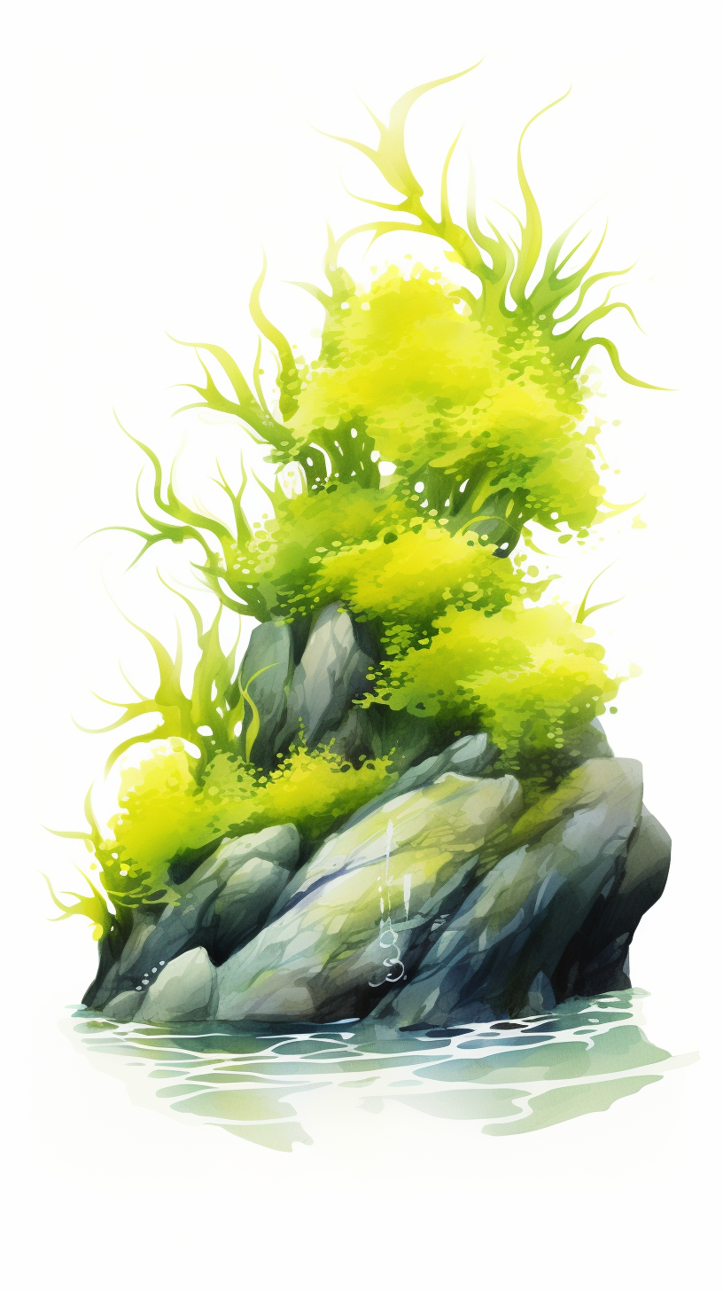 Illustration of lush sea moss on wet rocks