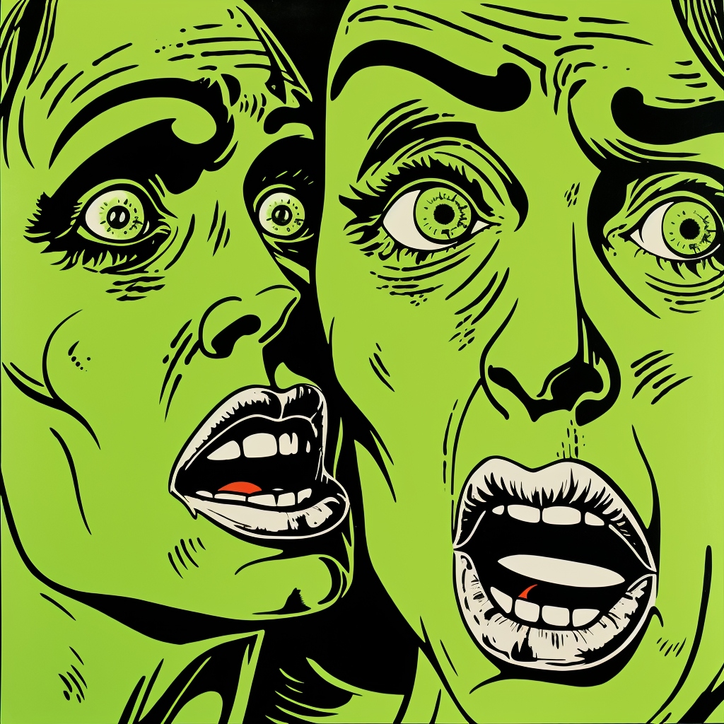 Zombie faces in crowded comicbook scene