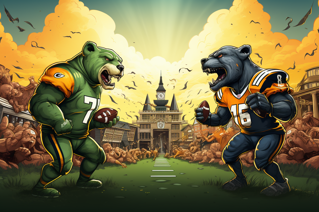 Postcard illustration of Green Bay Packers vs Denver Broncos