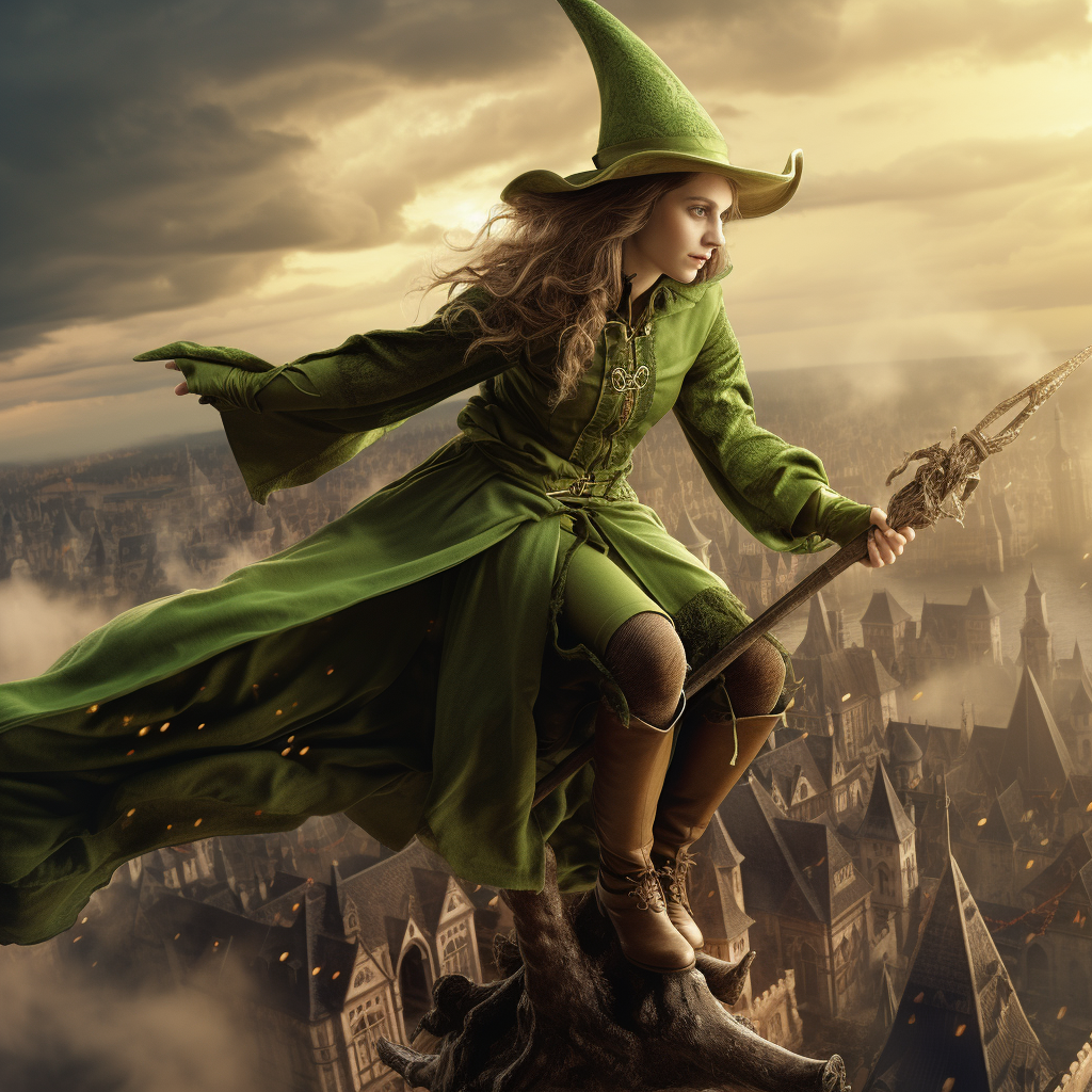 Green elf teen witch on broom