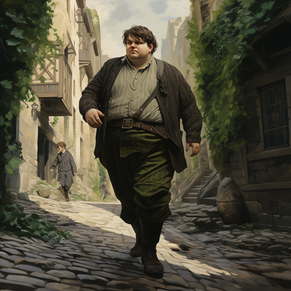 Short plus-sized man walking on lush cobblestone path