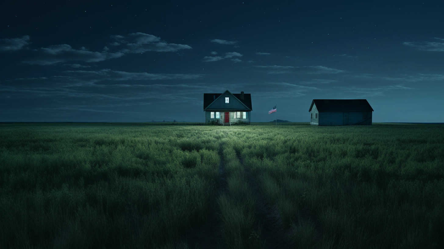 Green field landscape with house and American flag