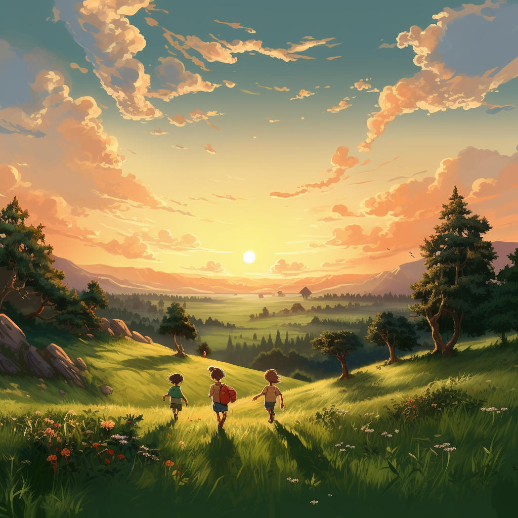 Green Forests Sunset Children Running
