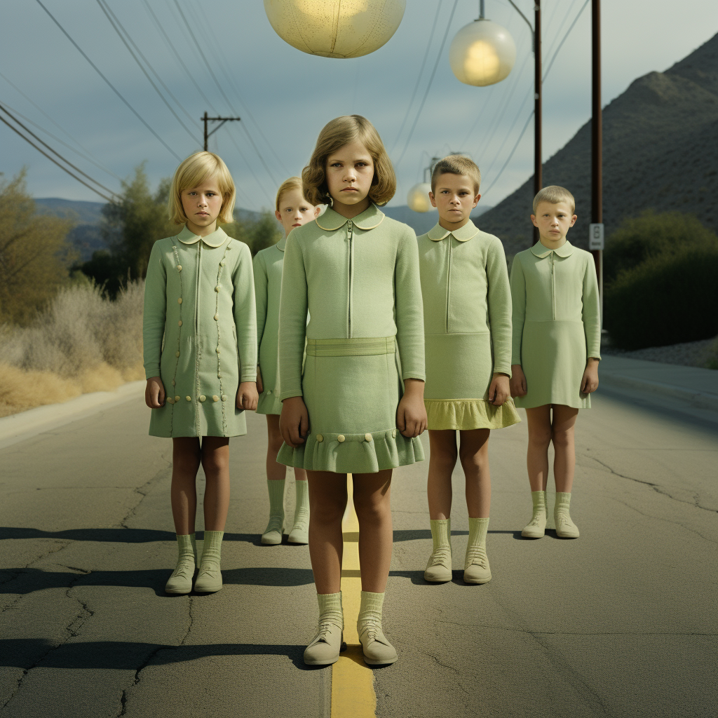 Children with Light Green Skin Standing on Road