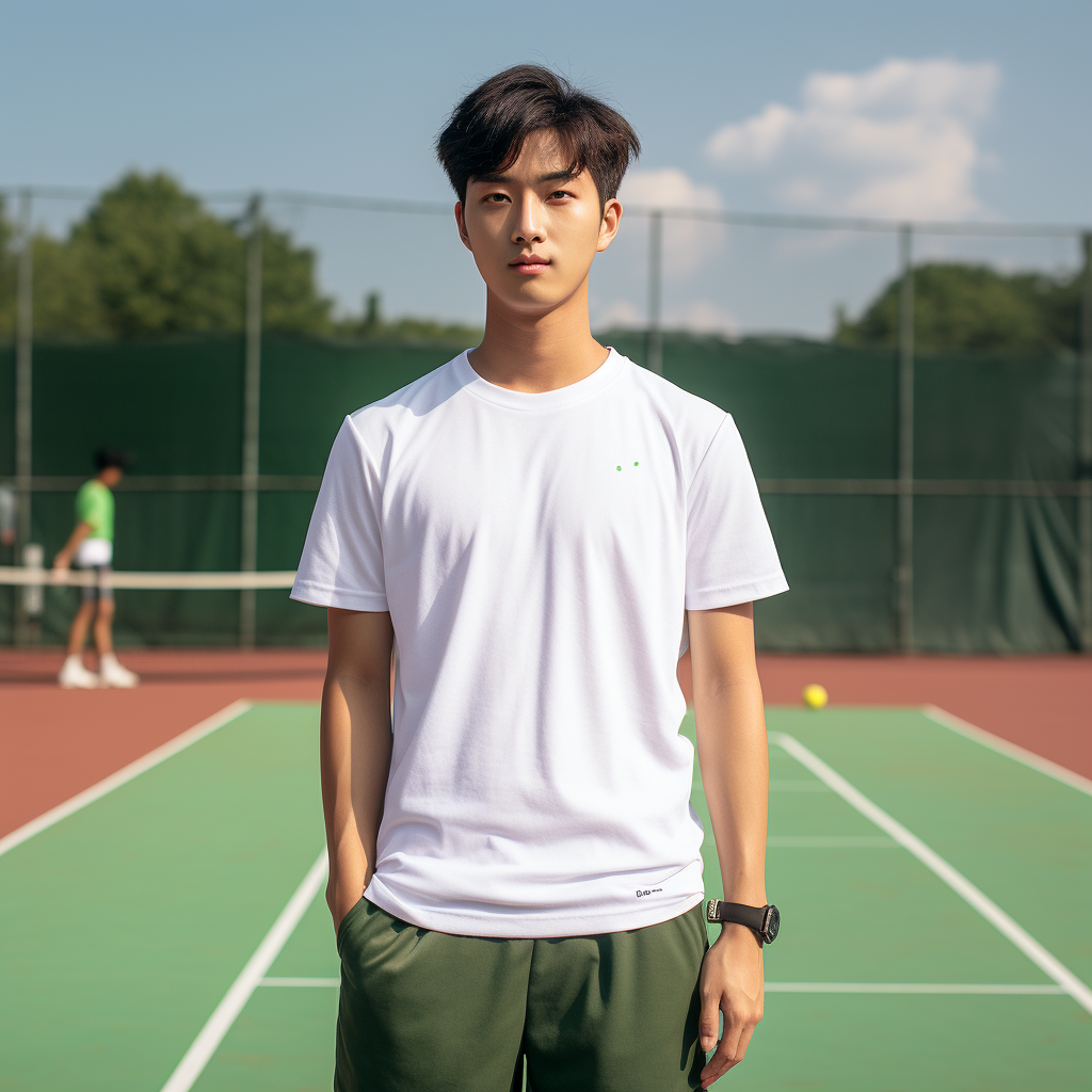 Smiling Korean Male in Green T-Shirt at Tennis Court