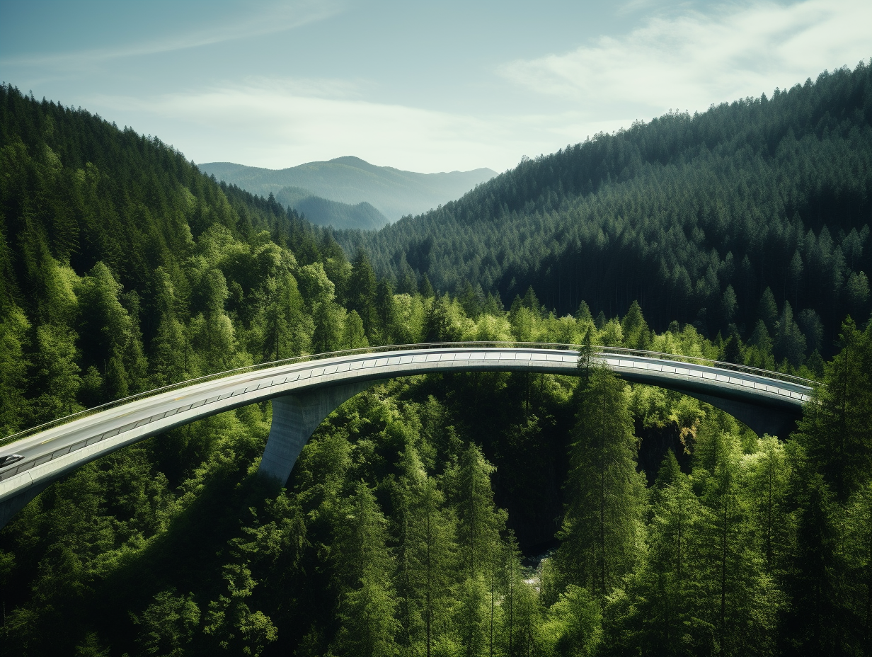 Beautiful bridge over road amidst lush greenery