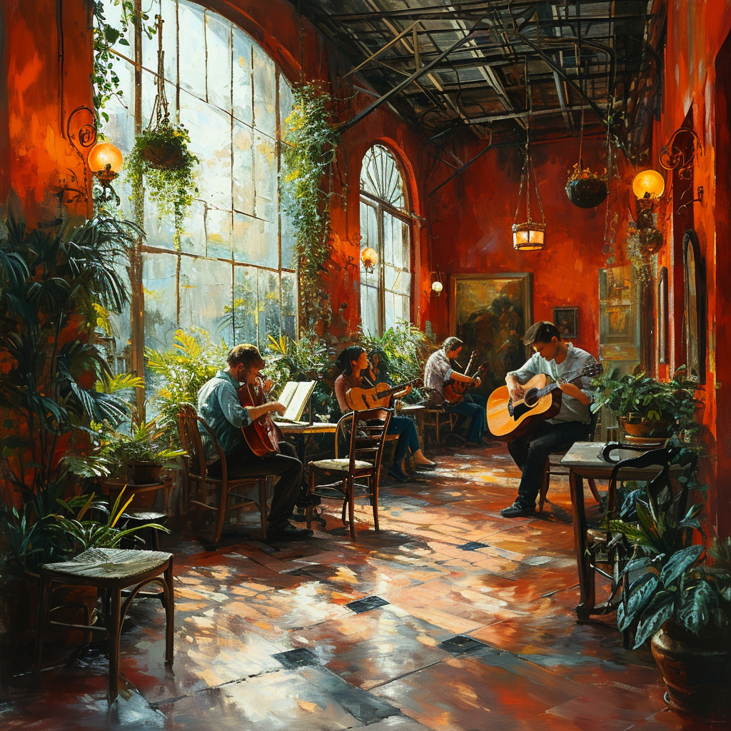 Greenhouse cafe with people playing instruments