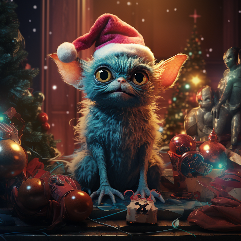 Scared Mogwhy with Gremlins and Colorful Christmas Tree