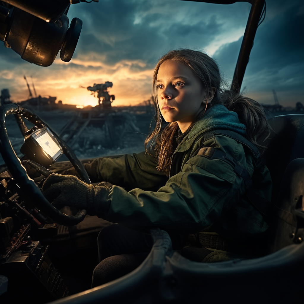 Greta Thunberg driving electric tank image