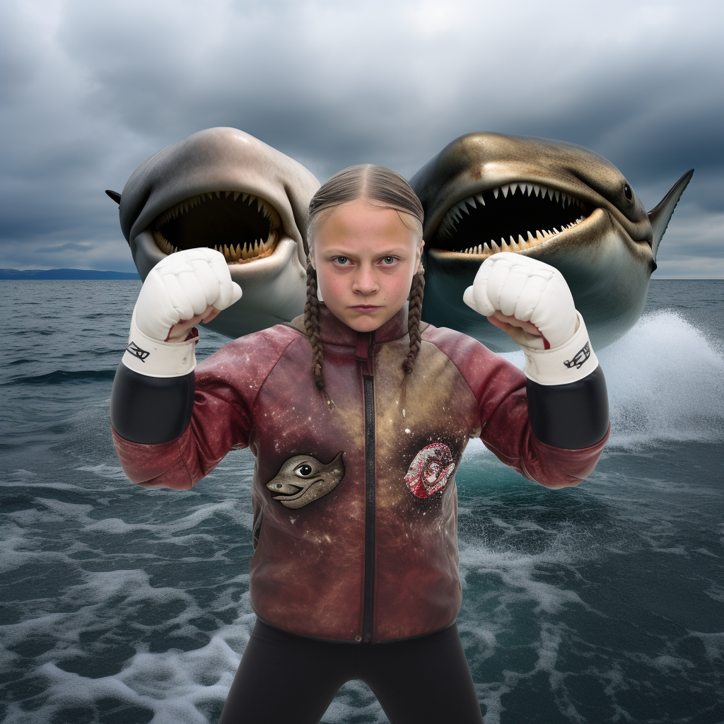 Greta Thunberg with fish-heads boxing