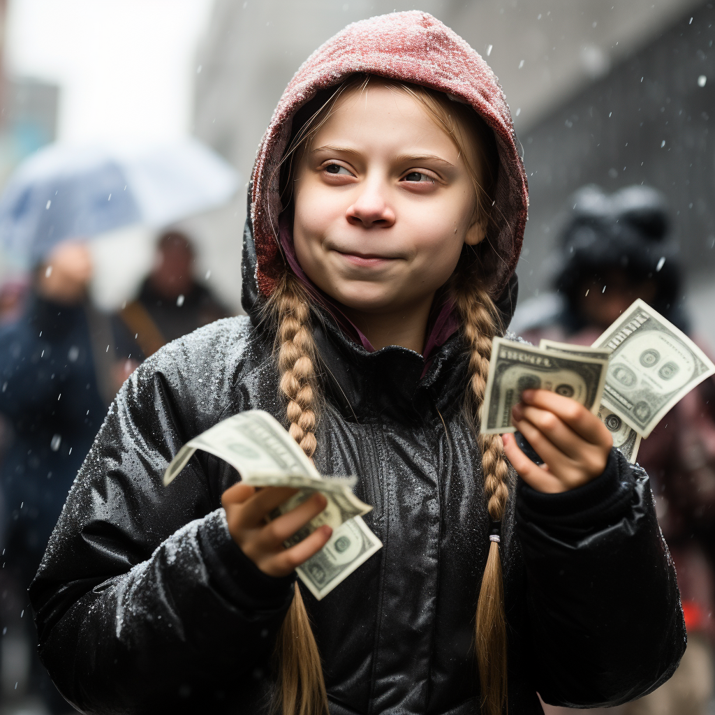 Greta Thunberg wiping tears with cash