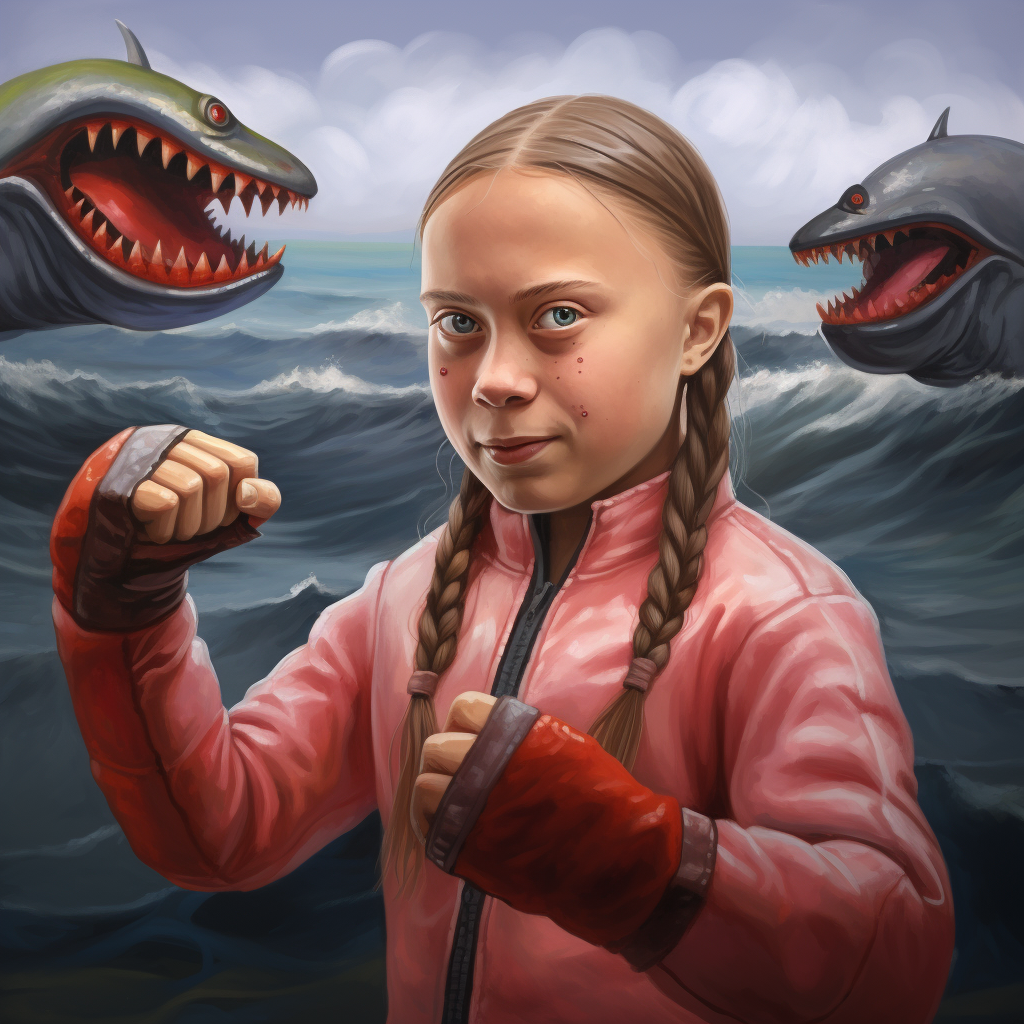 Greta Thunberg with fish hands boxing