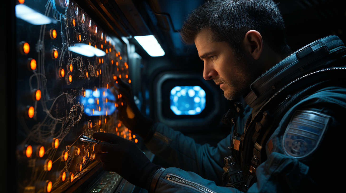 Male starship officer in grey blue spacesuit examining data panel