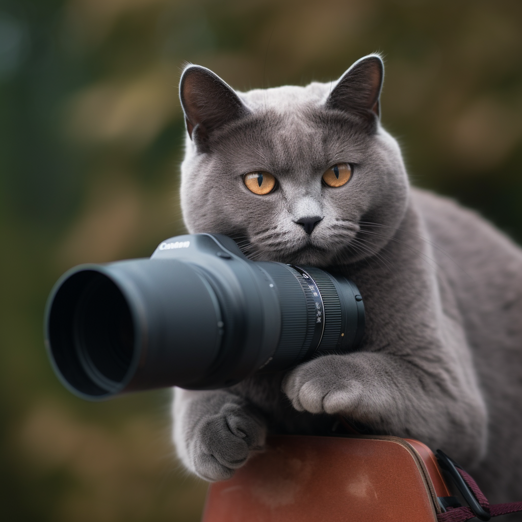 Grey cat with camera