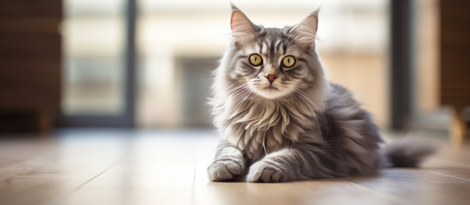 Adorable grey cat on wooden floor