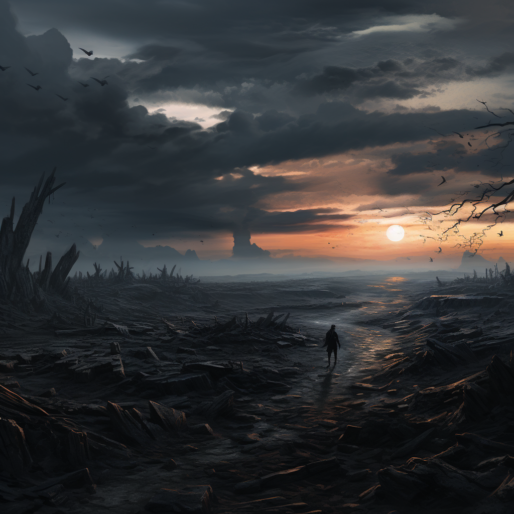 Game concept art of grey dead wasteland with black clouds